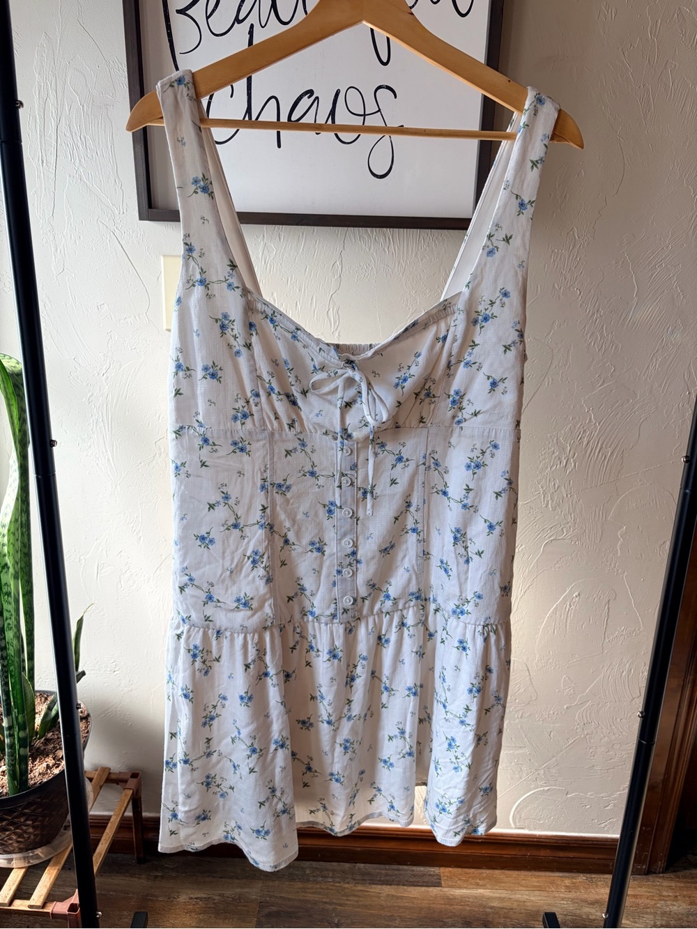 Wild Fable White/Blue/Green Floral Lined Smocked Button Square Neck Sundress L